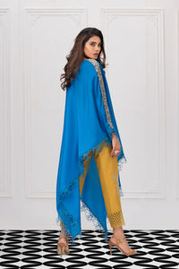 Blue raw silk top with Yellow pants