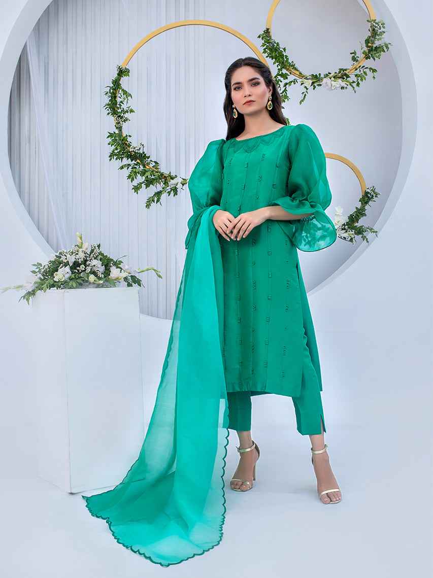 Emerald green rawsilk loop technique shirt