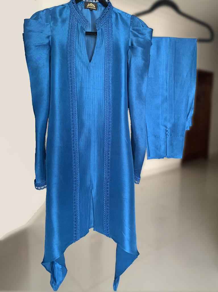 Cobalt blue raw silk shirt & cowl sleeves with Pants
