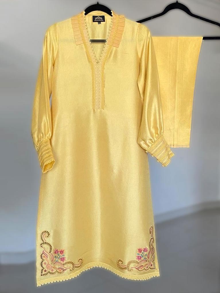 Yellow raw silk shirt with cutwork