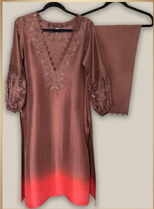 Chocolate brown to scarlet red ombré raw silk shirt with Organza appliqué