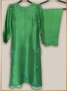 Green raw silk shirt with Organza on Hemline