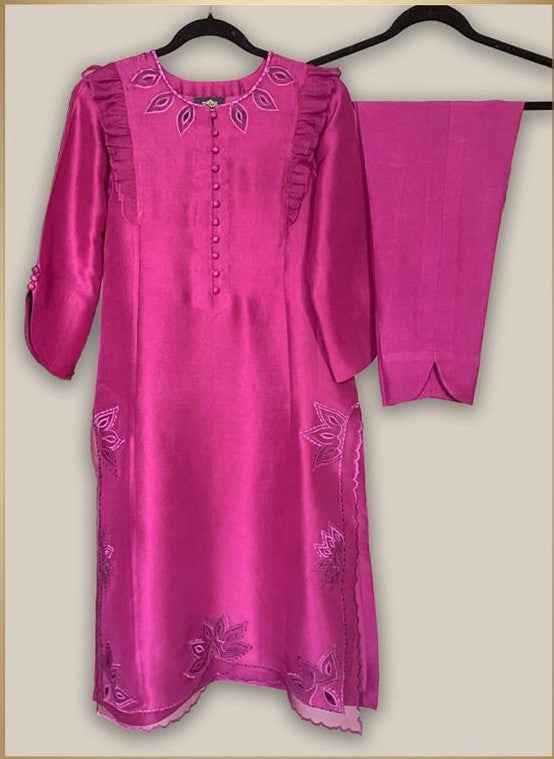 Magenta raw silk shirt with Organza on Hemline