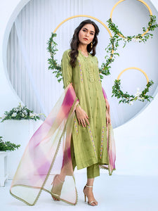 Olive green raw silk shirt with embroidery