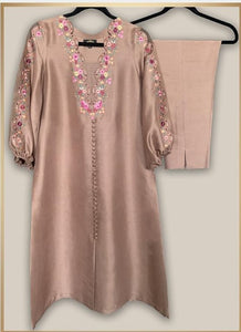 Sand brown front open rawsilk shirt with colored embroidery